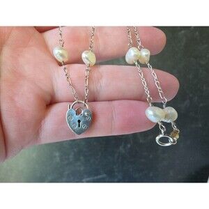 925 Sterling Silver Real Pearl Station Padlock Heart-shaped Pendant Necklace